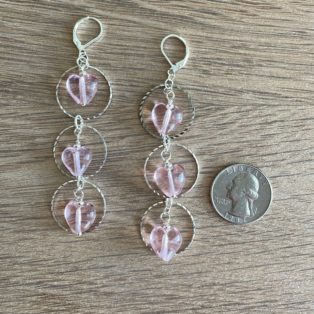 HAND CRAFTED EARRINGS Pink Hearts Silver Rings Drop Dangle Valentine’s Day - Picture 8 of 12